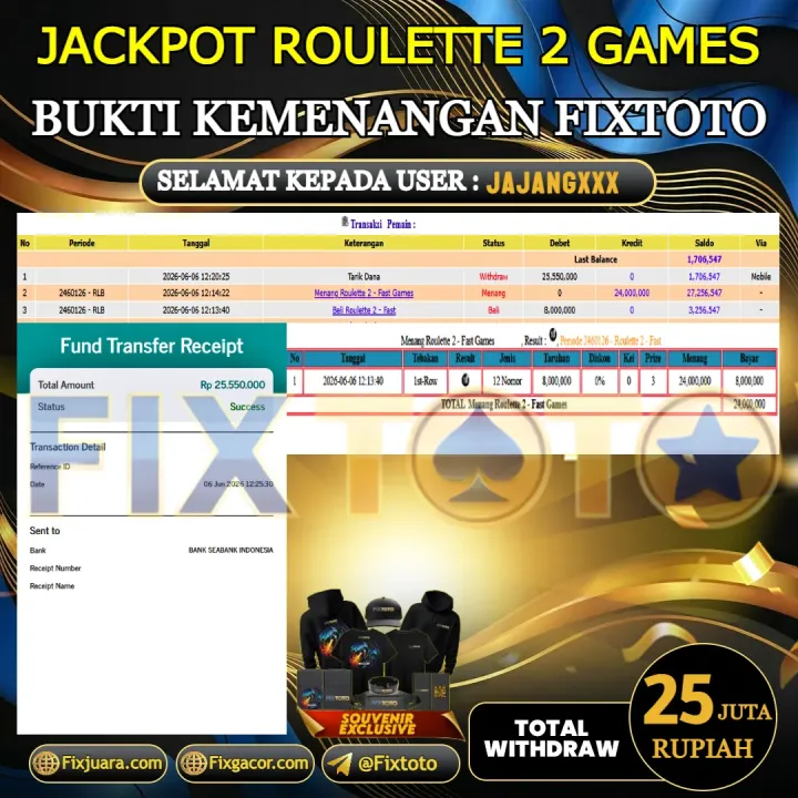 FIXTOTO JACKPOT ROULETTE 2 GAMES Rp.25.000.000,- LUNAS USER ID : JAJANG*** 