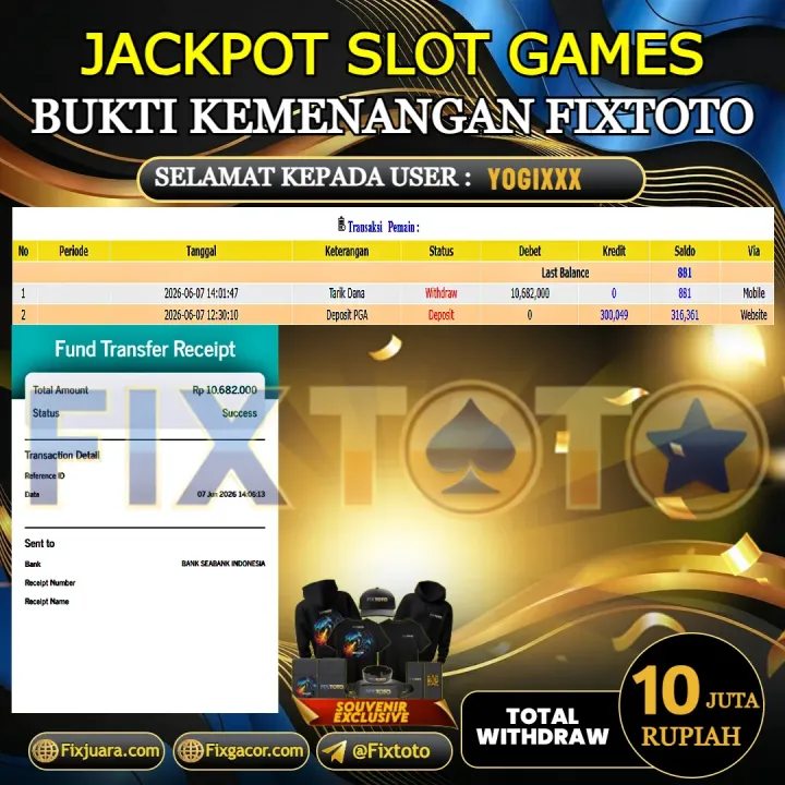 FIXTOTO JACKPOT SLOT GAMES Rp.10.000.000,- LUNAS USER ID : YOGI*** 