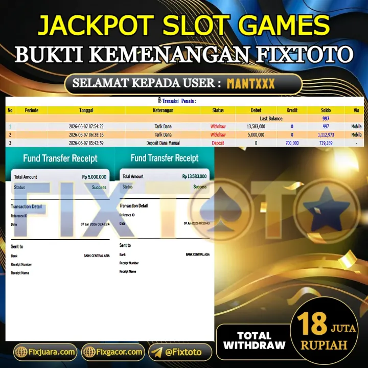 FIXTOTO JACKPOT SLOT GAMES Rp.18.000.000,- LUNAS USER ID : MANT*** 