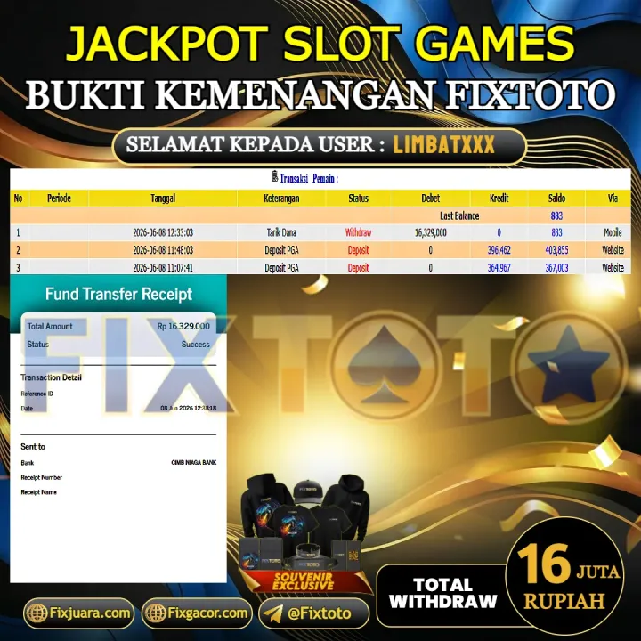 FIXTOTO JACKPOT SLOT GAMES Rp.16.000.000,- LUNAS USER ID : LIMBAT*** 