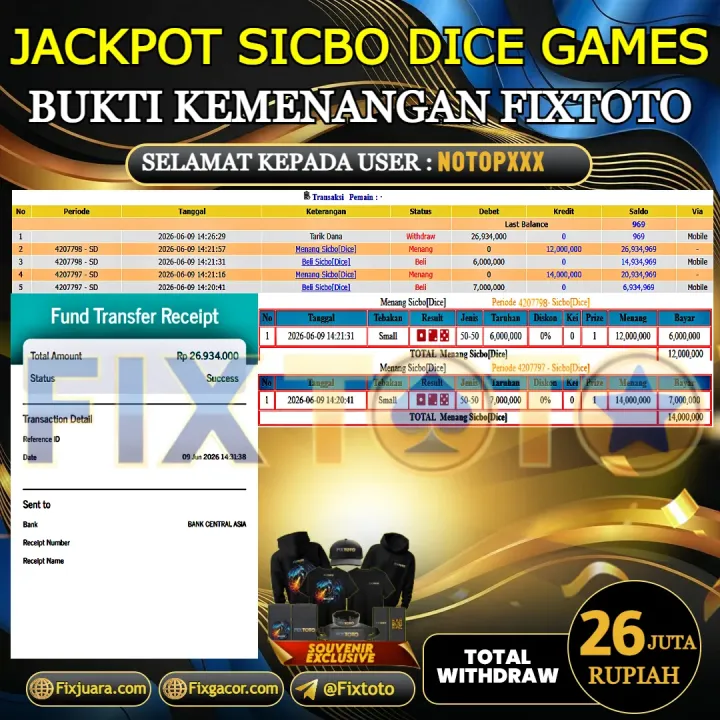 FIXTOTO JACKPOT SICBO DICE GAMES Rp.26.000.000,- LUNAS USER ID : NOTOP*** 