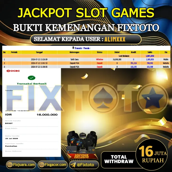  FIXTOTO JACKPOT SLOT GAMES Rp.16.000.000,- LUNAS USER ID : ALIM*** 