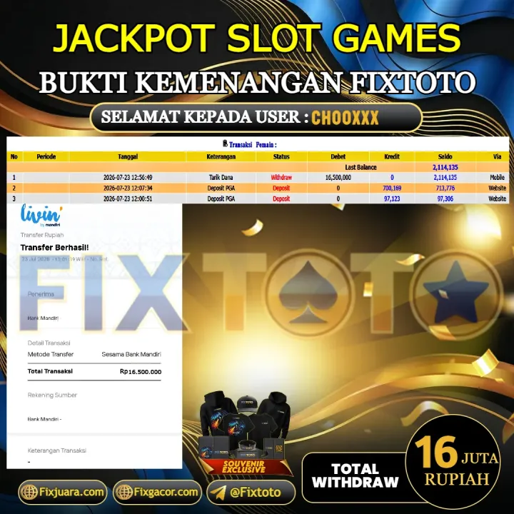  FIXTOTO JACKPOT SLOT GAMES Rp.16.000.000,- LUNAS USER ID : CHOO*** 