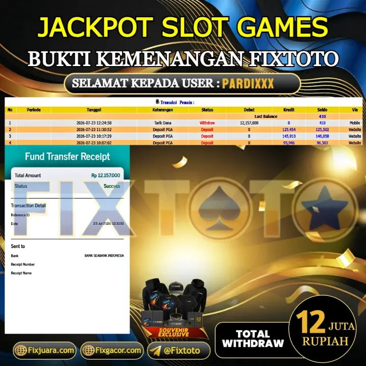  FIXTOTO JACKPOT SLOT GAMES Rp.12.000.000,- LUNAS USER ID : PARDI*** 