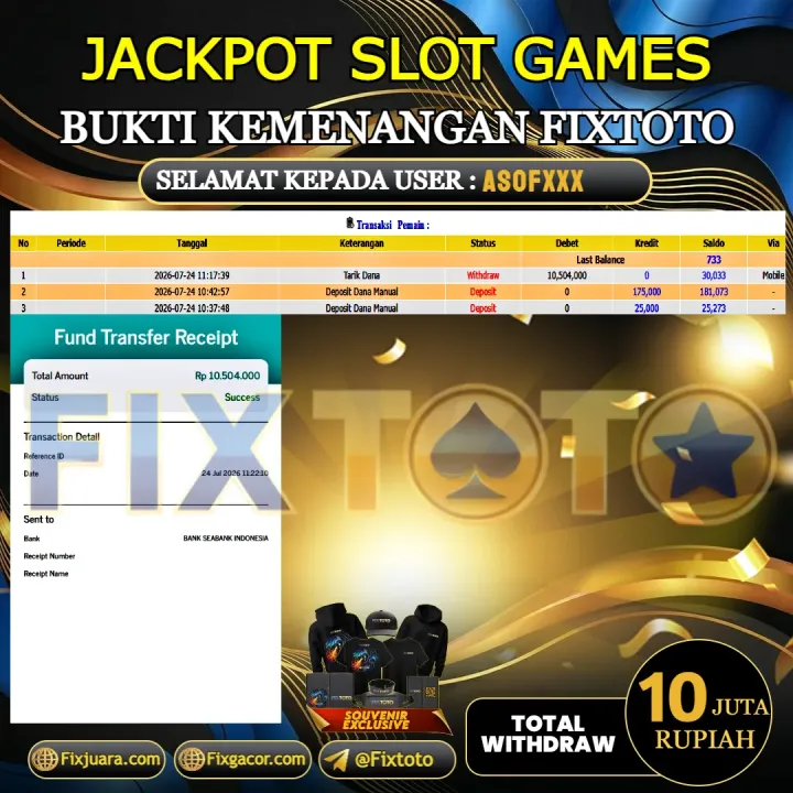  FIXTOTO JACKPOT SLOT GAMES Rp.10.000.000,- LUNAS USER ID : ASOF*** 