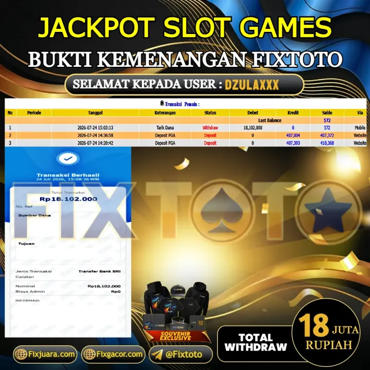  FIXTOTO JACKPOT SLOT GAMES Rp.18.000.000,- LUNAS USER ID : DZULA*** 