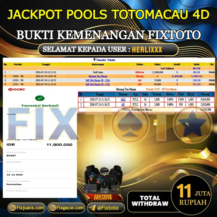  FIXTOTO JACKPOT TOGEL TOTOMACAU 4D  Rp.11.000.000,- LUNAS USER ID : HERLI*** 