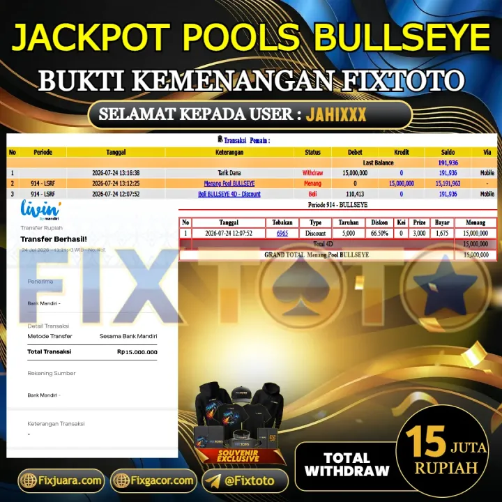  FIXTOTO JACKPOT TOGEL BULLSEYE Rp.15.000.000,- LUNAS USER ID : JAHI*** 