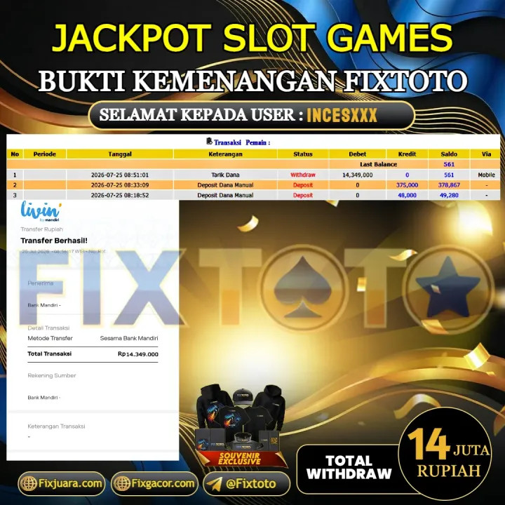  FIXTOTO JACKPOT SLOT GAMES Rp.14.000.000,- LUNAS USER ID : INCES*** 