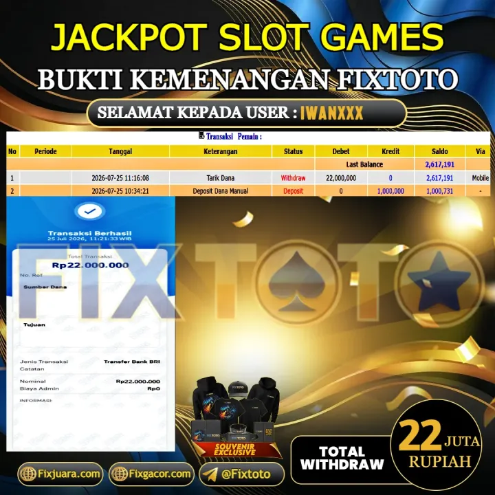  FIXTOTO JACKPOT SLOT GAMES Rp.22.000.000,- LUNAS USER ID : IWAN*** 