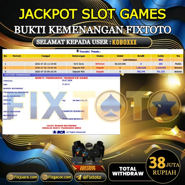  FIXTOTO JACKPOT SLOT GAMES Rp.38.000.000,- LUNAS USER ID : KEBO*** 
