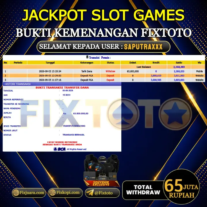  FIXTOTO JACKPOT SLOT GAMES Rp.65.000.000,- LUNAS USER ID : SAPUTRA***