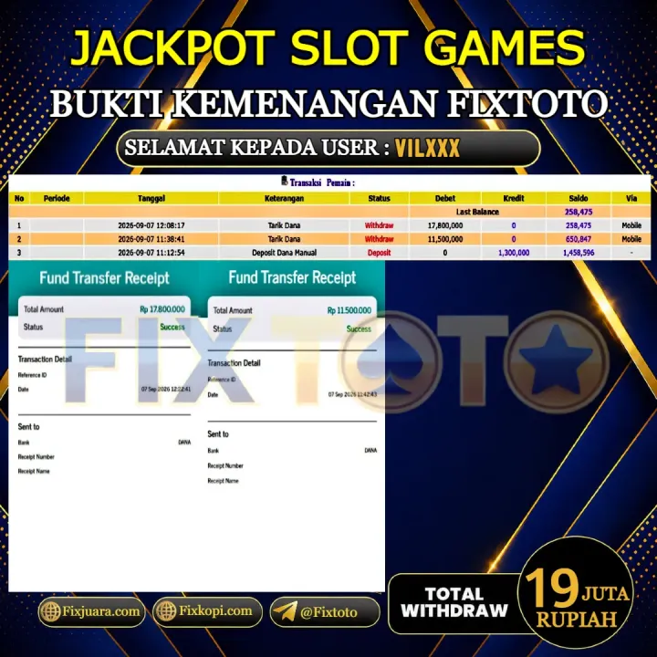  FIXTOTO JACKPOT SLOT GAMES Rp.19.000.000,- LUNAS USER ID : VIL***