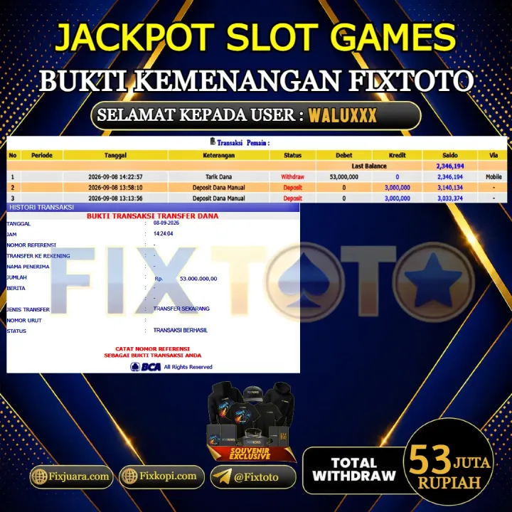  FIXTOTO JACKPOT SLOT GAMES Rp.53.000.000,- LUNAS USER ID : WALU***